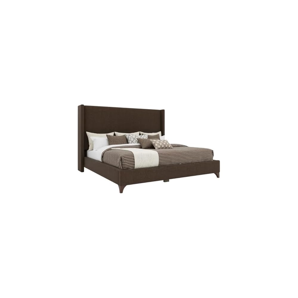 BOWERY HILL Modern Upholstered King Bed, 57.5 in Tall Headboard, Solid and Engineered Wood Frame, Brown Performance Fabric, Durable North American Craftsmanship, Box Spring Required, Elegant Bedroom
