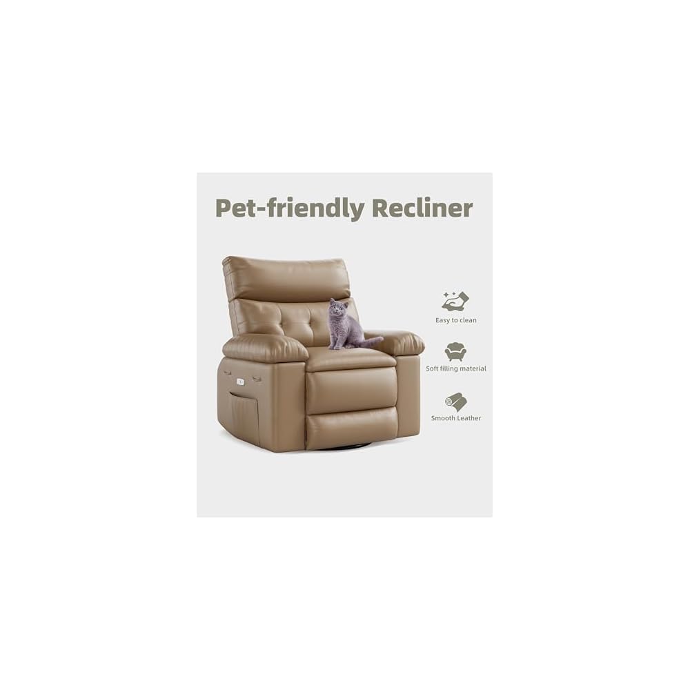360° Swivel Manual Recliner Chair with Massage & Remote Control, PU Leather Lounge Chair with Side Pocket, Wide Single Sofa Seat for Living Room Comfort, Ergonomic Beige Reclining Armchair