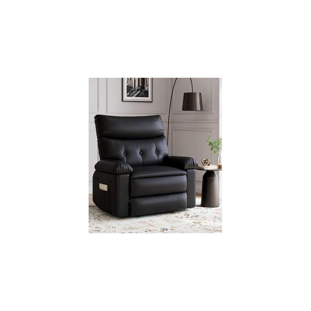 360° Swivel Manual Recliner Chair with Massage & Remote Control, PU Leather Lounge Chair with Side Pocket, Wide Single Sofa Seat for Living Room Comfort, Ergonomic Beige Reclining Armchair