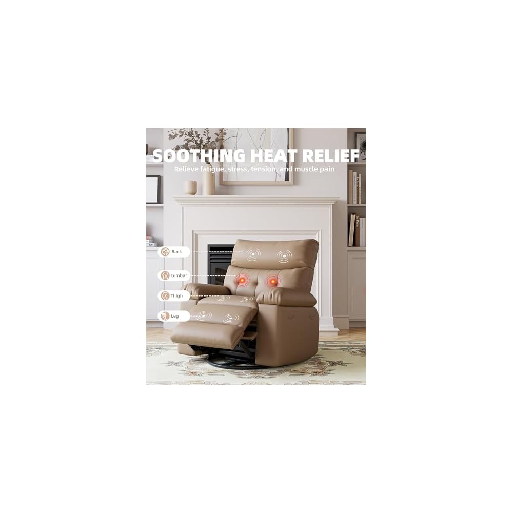 360° Swivel Manual Recliner Chair with Massage & Remote Control, PU Leather Lounge Chair with Side Pocket, Wide Single Sofa Seat for Living Room Comfort, Ergonomic Beige Reclining Armchair