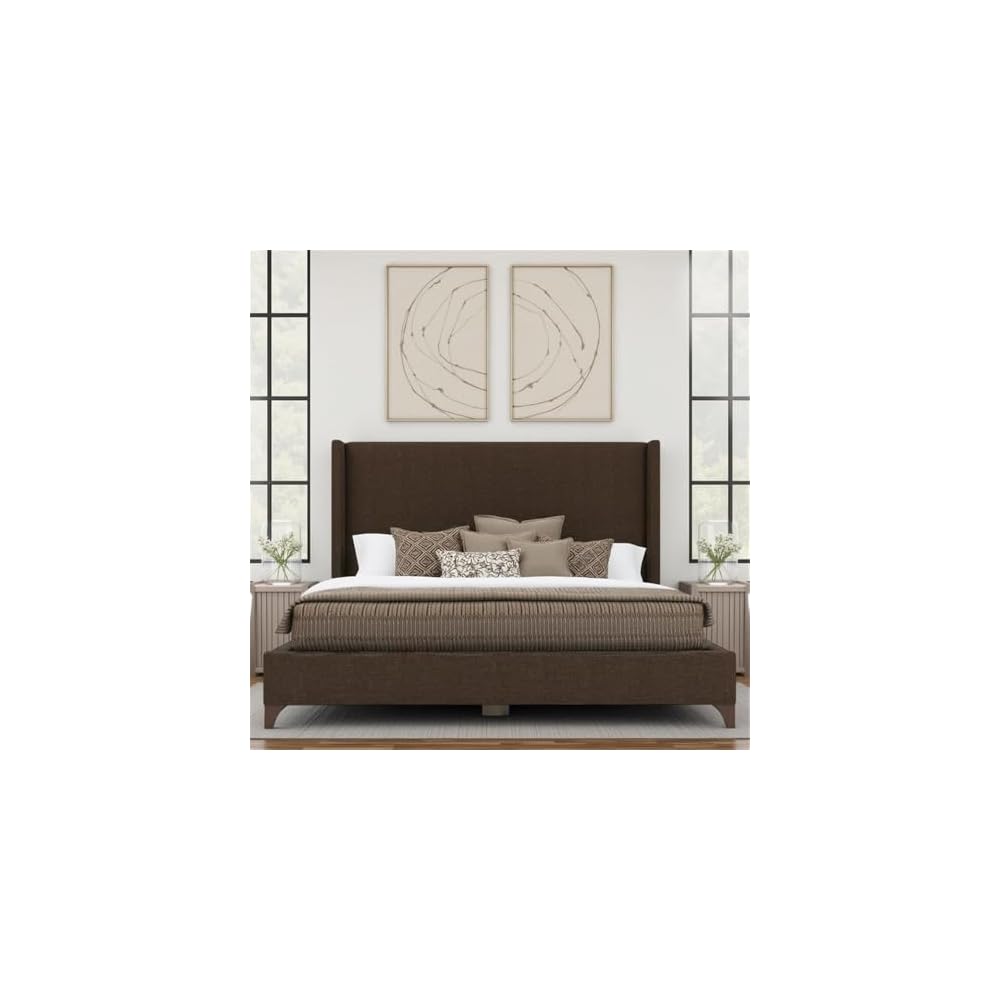 BOWERY HILL Modern Upholstered King Bed, 57.5 in Tall Headboard, Solid and Engineered Wood Frame, Brown Performance Fabric, Durable North American Craftsmanship, Box Spring Required, Elegant Bedroom