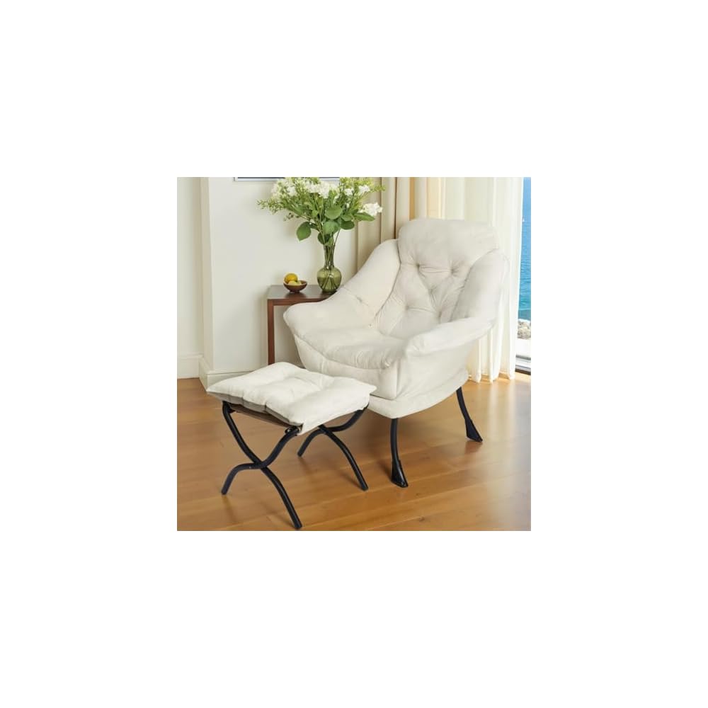 Kokel Lazy Chair with Folding Ottoman,Living Room Chairs, Accent Contemporary Lounge Chair, Single Steel Frame Leisure Sofa Chair with Armrests and A Side Pocket (Beige-1130)