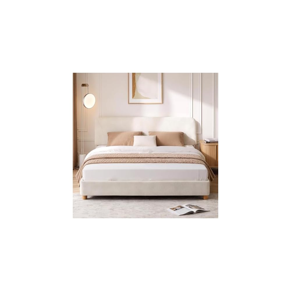 Queen Cloud Bed Frame, Wood Boucle Upholstered Platform Bed, Cream White