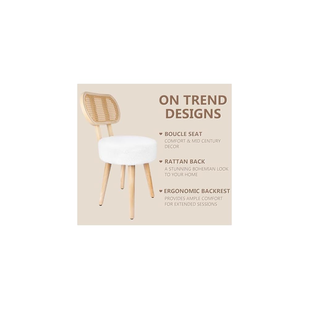 Rattan Dining Chair, Kitchen Dining Room Chairs, Mid Century Modern Boucle Chair, Stylish Upholstered Wood Accent Chair, Cute Sherpa Chair, Living Room Bar Stool Chair, Boho Makeup Vanity Chair, 1 Pc