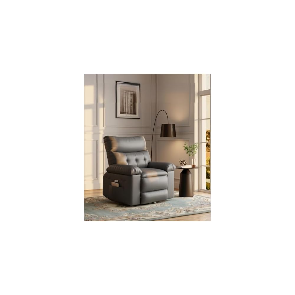 360° Swivel Manual Recliner Chair with Massage & Remote Control, PU Leather Lounge Chair with Side Pocket, Wide Single Sofa Seat for Living Room Comfort, Ergonomic Beige Reclining Armchair