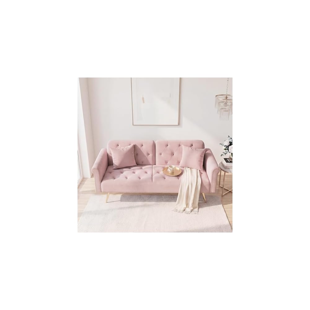 KEIKI 69.7" Convertible Sofa Bed with Two Throw Pillows, Upholstered 2 Seater Velvet Couch Featuring Nail Head Trim Living Room Bedroom Office Apartment, Pink