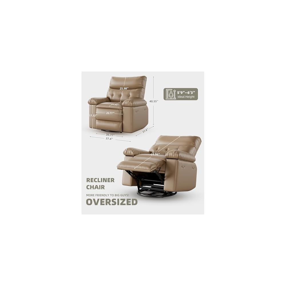 360° Swivel Manual Recliner Chair with Massage & Remote Control, PU Leather Lounge Chair with Side Pocket, Wide Single Sofa Seat for Living Room Comfort, Ergonomic Beige Reclining Armchair