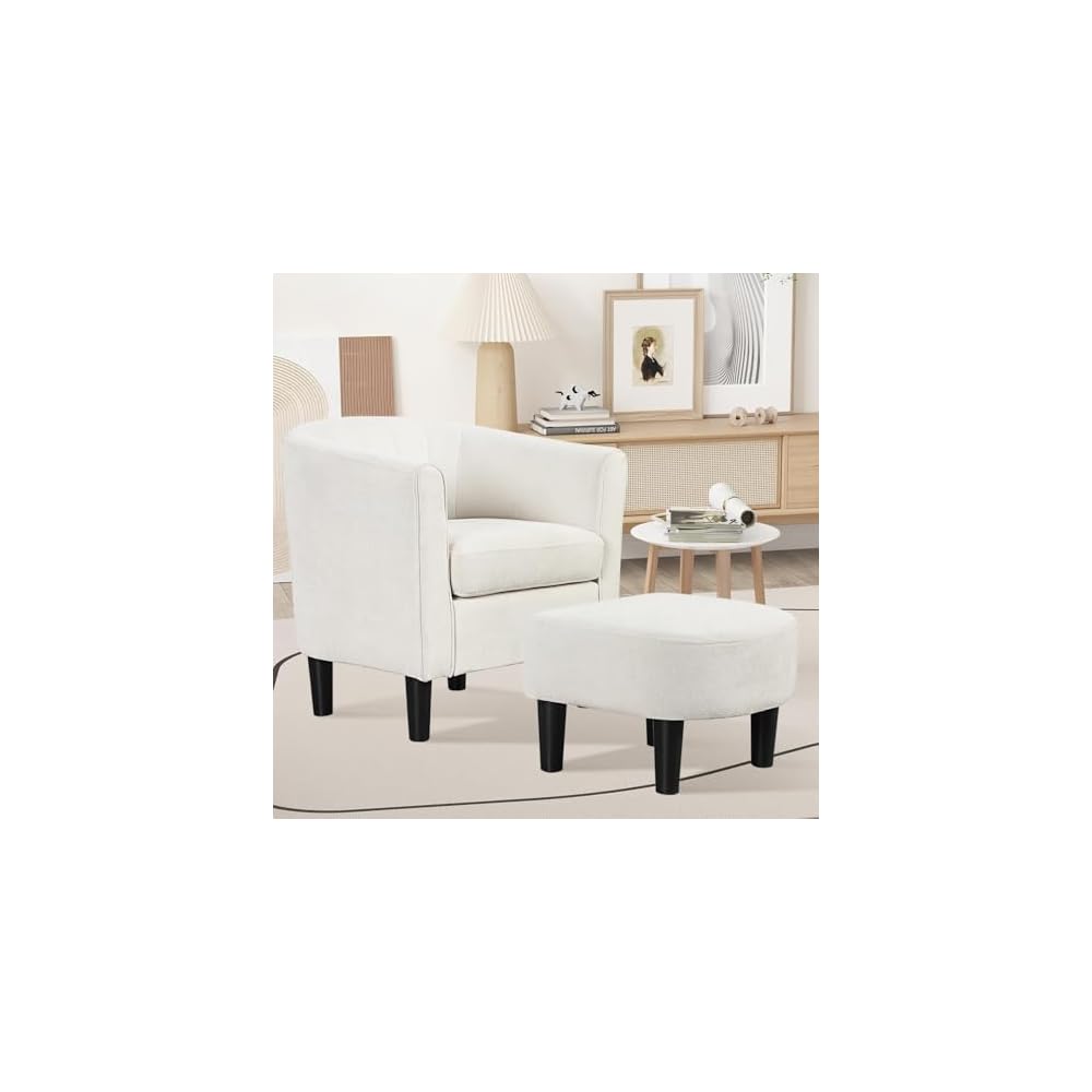 KOMFOTT Accent Chair with Ottoman, Upholstered Teddy Velvet Barrel Chair with Footrest, Comfy Club Sofa with Curved Backrest, Thick Seat Cushion, Modern Arm Chair for Living Room, Bedroom, Beige