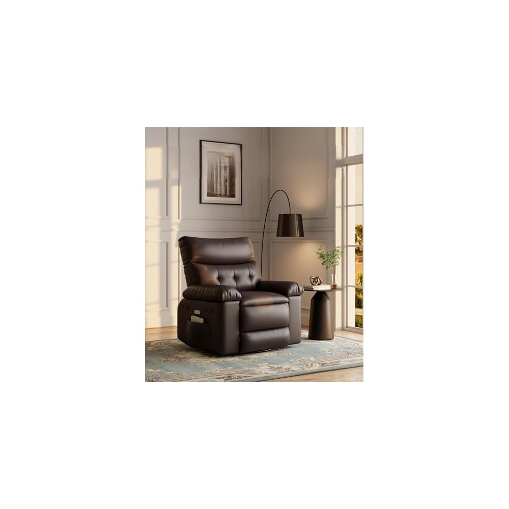 360° Swivel Manual Recliner Chair with Massage & Remote Control, PU Leather Lounge Chair with Side Pocket, Wide Single Sofa Seat for Living Room Comfort, Ergonomic Beige Reclining Armchair
