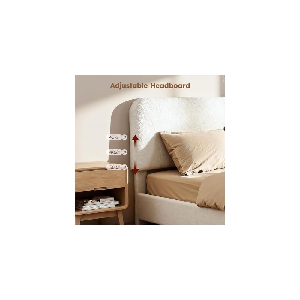 Queen Cloud Bed Frame, Wood Boucle Upholstered Platform Bed, Cream White