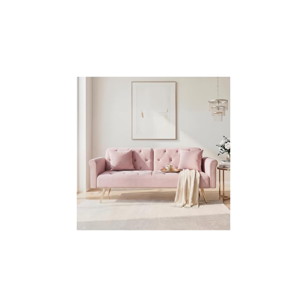 KEIKI 69.7" Convertible Sofa Bed with Two Throw Pillows, Upholstered 2 Seater Velvet Couch Featuring Nail Head Trim Living Room Bedroom Office Apartment, Pink