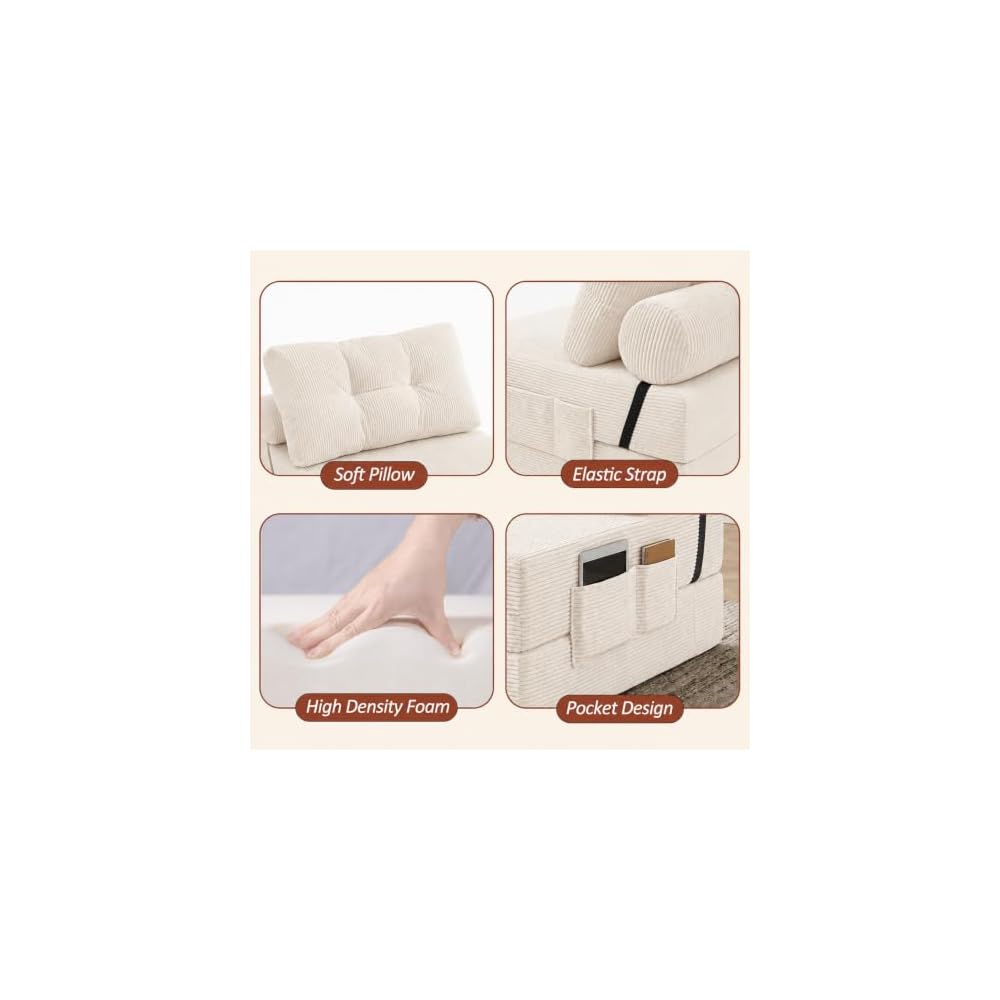 Floor Sofa Bed, Convertible 2-in-1 Corduroy Couch with High-Density Sponge, Foldable Stackable Seat for Living Room Bedroom Dorm Game Room, No Assembly Required (White)