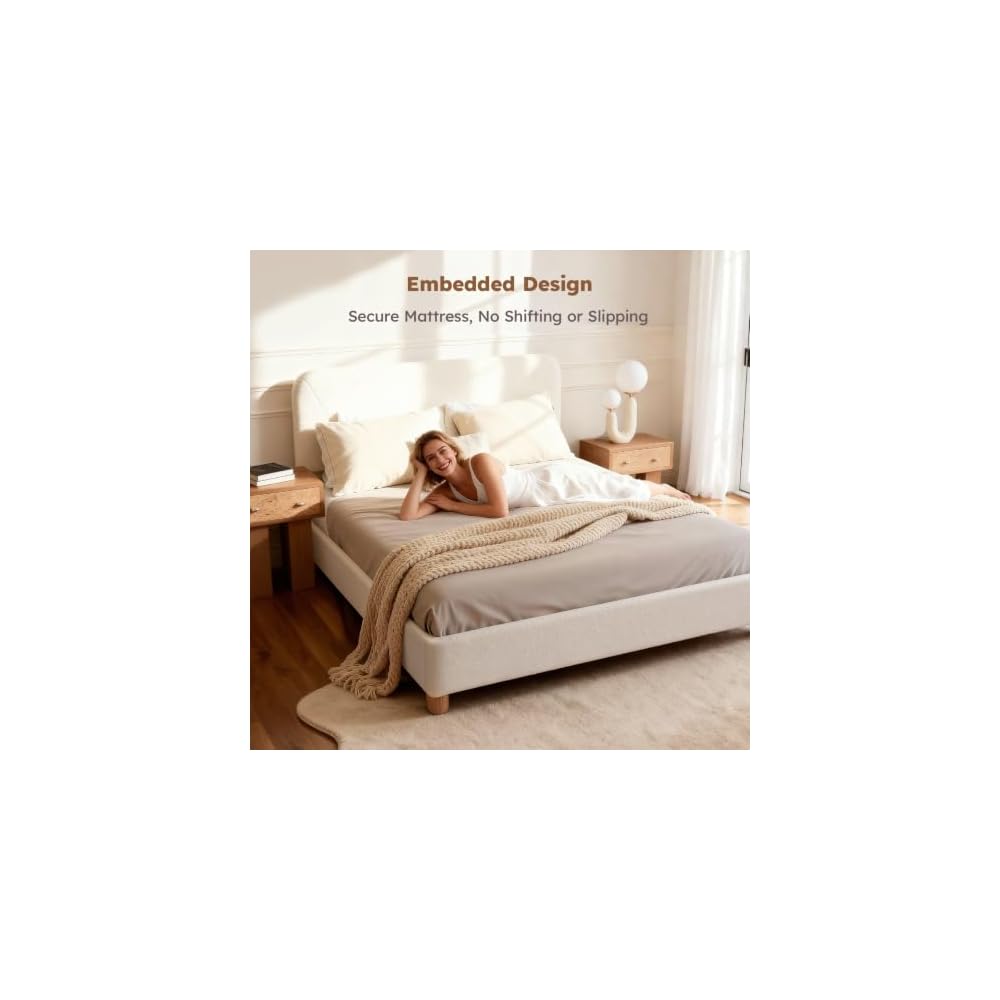 Queen Cloud Bed Frame, Wood Boucle Upholstered Platform Bed, Cream White