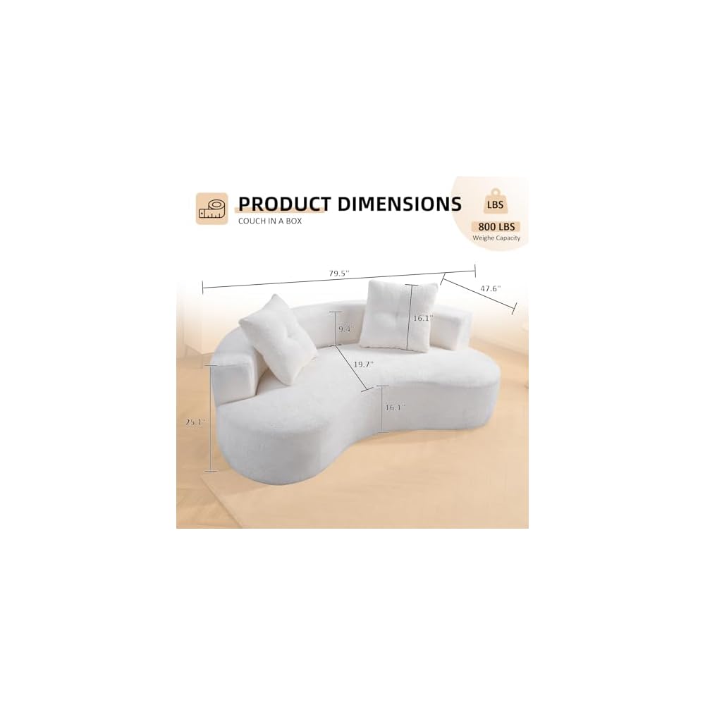 80" Curved Sofa Couches for Living Room, Modern Oversized Boneless Couch, Comfy Boucle Cloud Modular Round Sofa with Deep Seat / 4 Throw Pillows for Apartment, No Assembly Needed, Cream