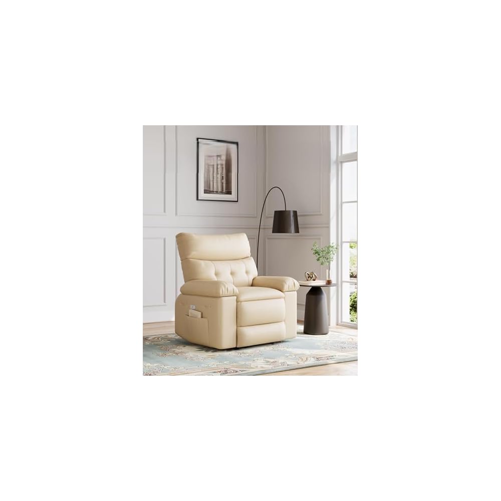360° Swivel Manual Recliner Chair with Massage & Remote Control, PU Leather Lounge Chair with Side Pocket, Wide Single Sofa Seat for Living Room Comfort, Ergonomic Beige Reclining Armchair