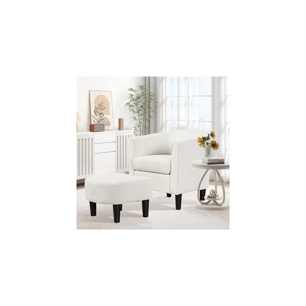 KOMFOTT Accent Chair with Ottoman, Upholstered Teddy Velvet Barrel Chair with Footrest, Comfy Club Sofa with Curved Backrest, Thick Seat Cushion, Modern Arm Chair for Living Room, Bedroom, Beige
