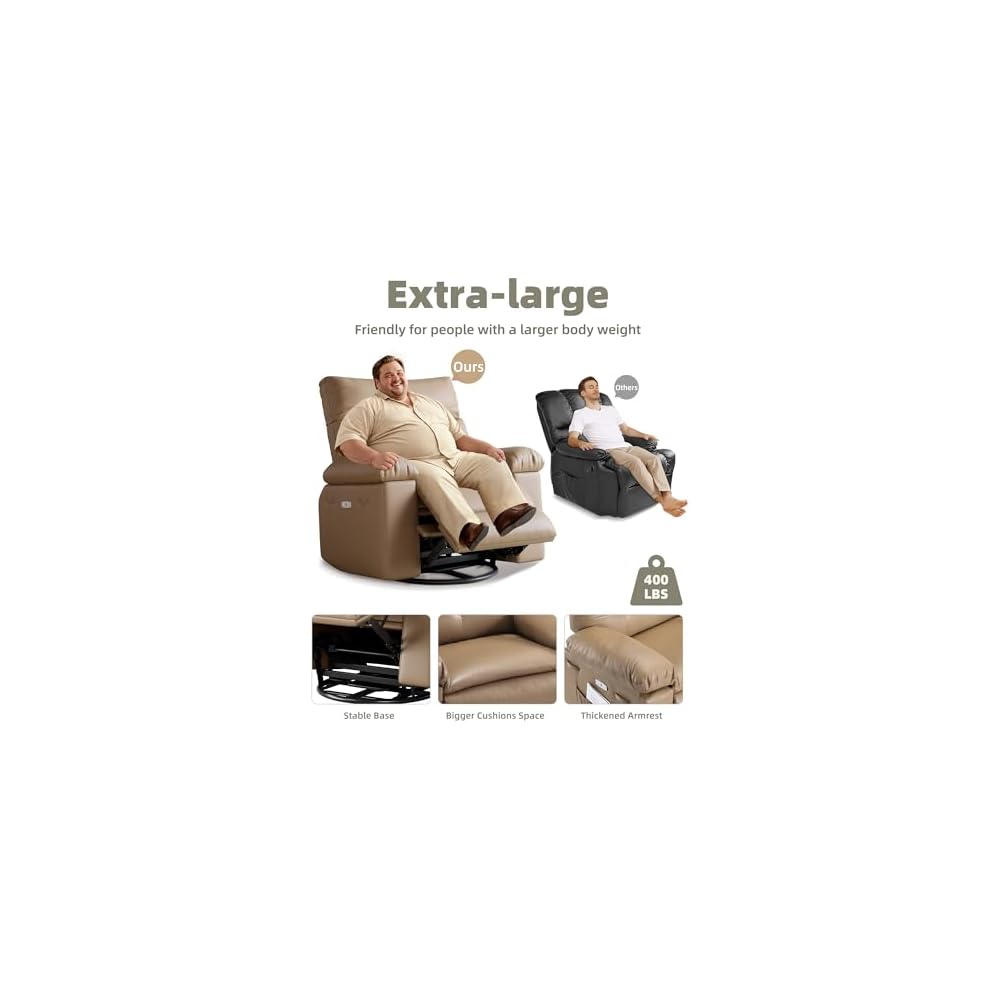 360° Swivel Manual Recliner Chair with Massage & Remote Control, PU Leather Lounge Chair with Side Pocket, Wide Single Sofa Seat for Living Room Comfort, Ergonomic Beige Reclining Armchair