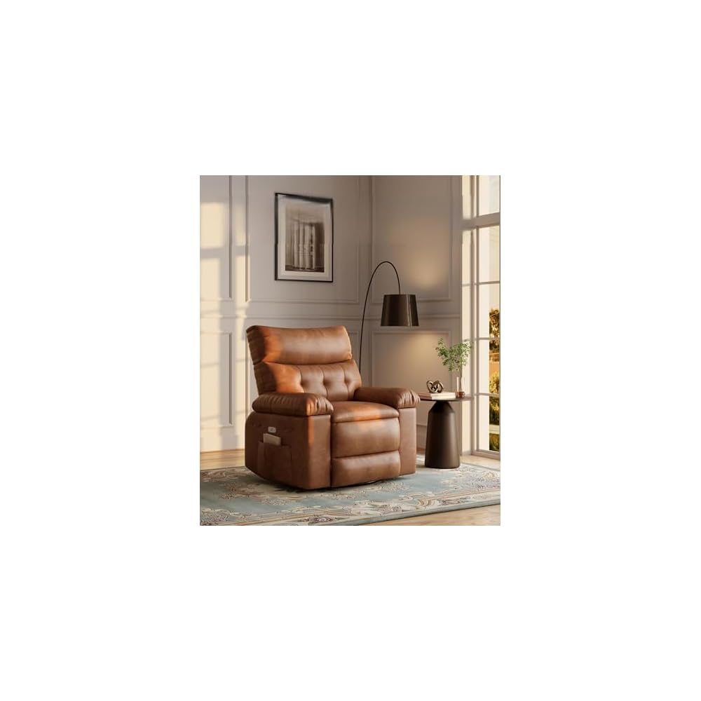360° Swivel Manual Recliner Chair with Massage & Remote Control, PU Leather Lounge Chair with Side Pocket, Wide Single Sofa Seat for Living Room Comfort, Ergonomic Beige Reclining Armchair