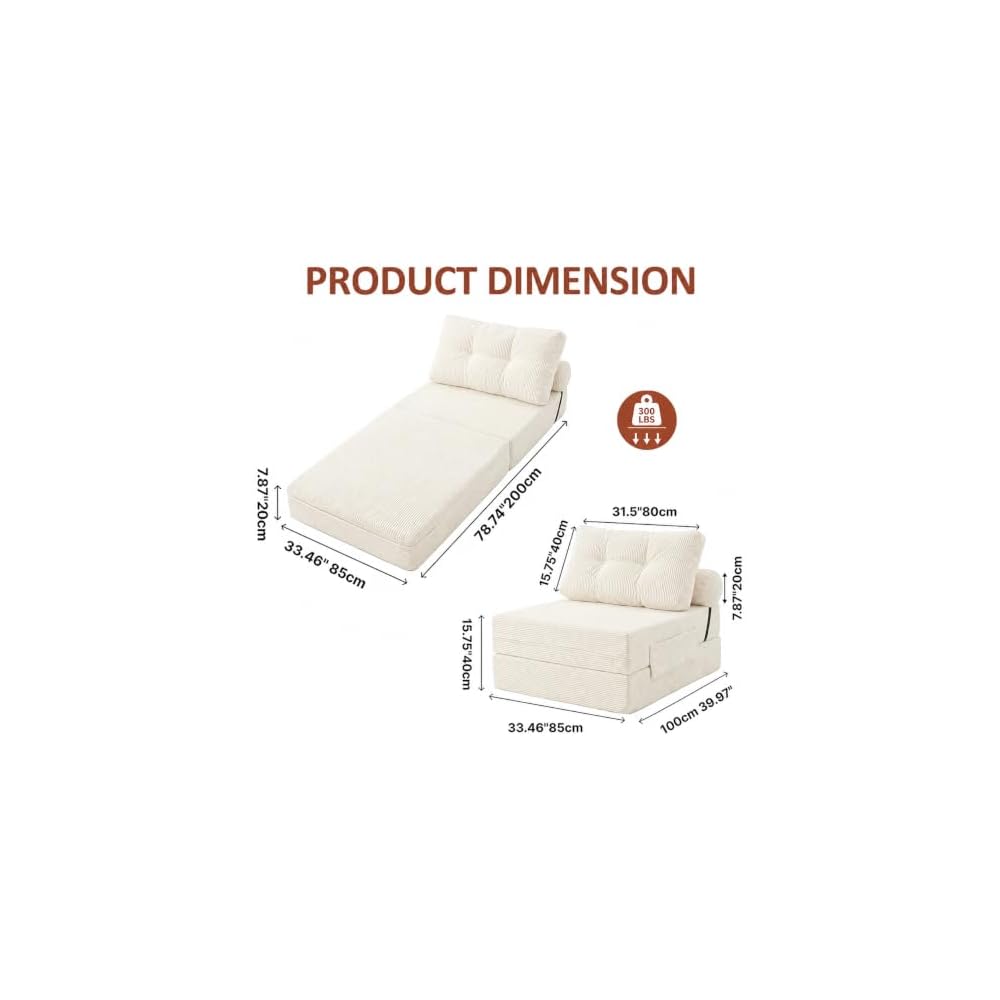 Floor Sofa Bed, Convertible 2-in-1 Corduroy Couch with High-Density Sponge, Foldable Stackable Seat for Living Room Bedroom Dorm Game Room, No Assembly Required (White)