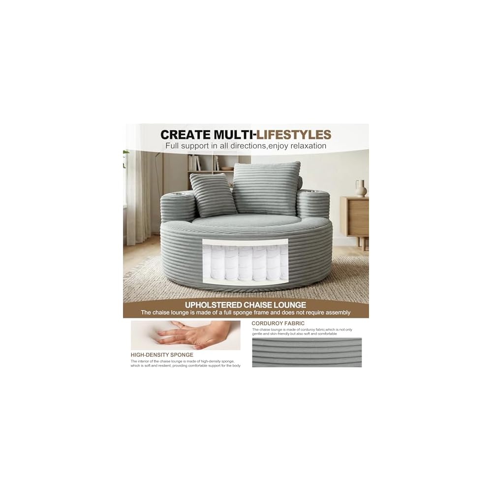 PELUMY Oversized Round Chaise Lounge Chair Indoor, Corduroy Memory Foam Deep Seat Sofa Chair with Cup Holders, Single Large Circle Cloud Sleeper Sofa for Reading, Living Room, Bedroom (Light Gray)