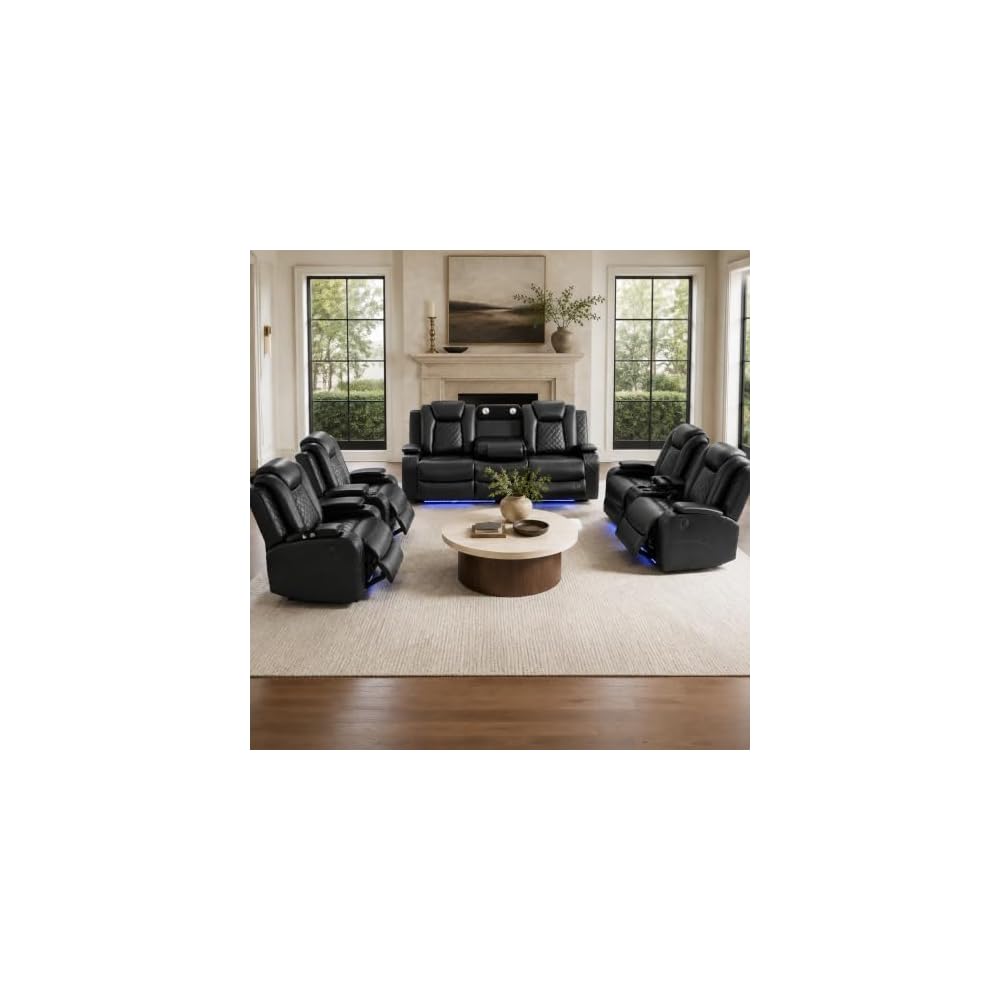 4 piece Power Recliner Sofa Set, Leather Living Room Furniture Set with USB Ports, LED Lights, Modern Ergonomic Sectional Couch, for Living Room, Home Theater (Loveseat+Sofa+2Chair, Black)