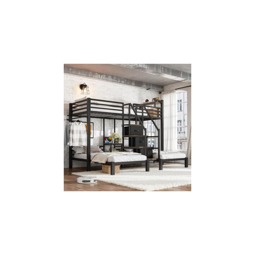 Bellemave Twin Triple Bunk Bed for 3 with Storage Stair and Drawers, Black