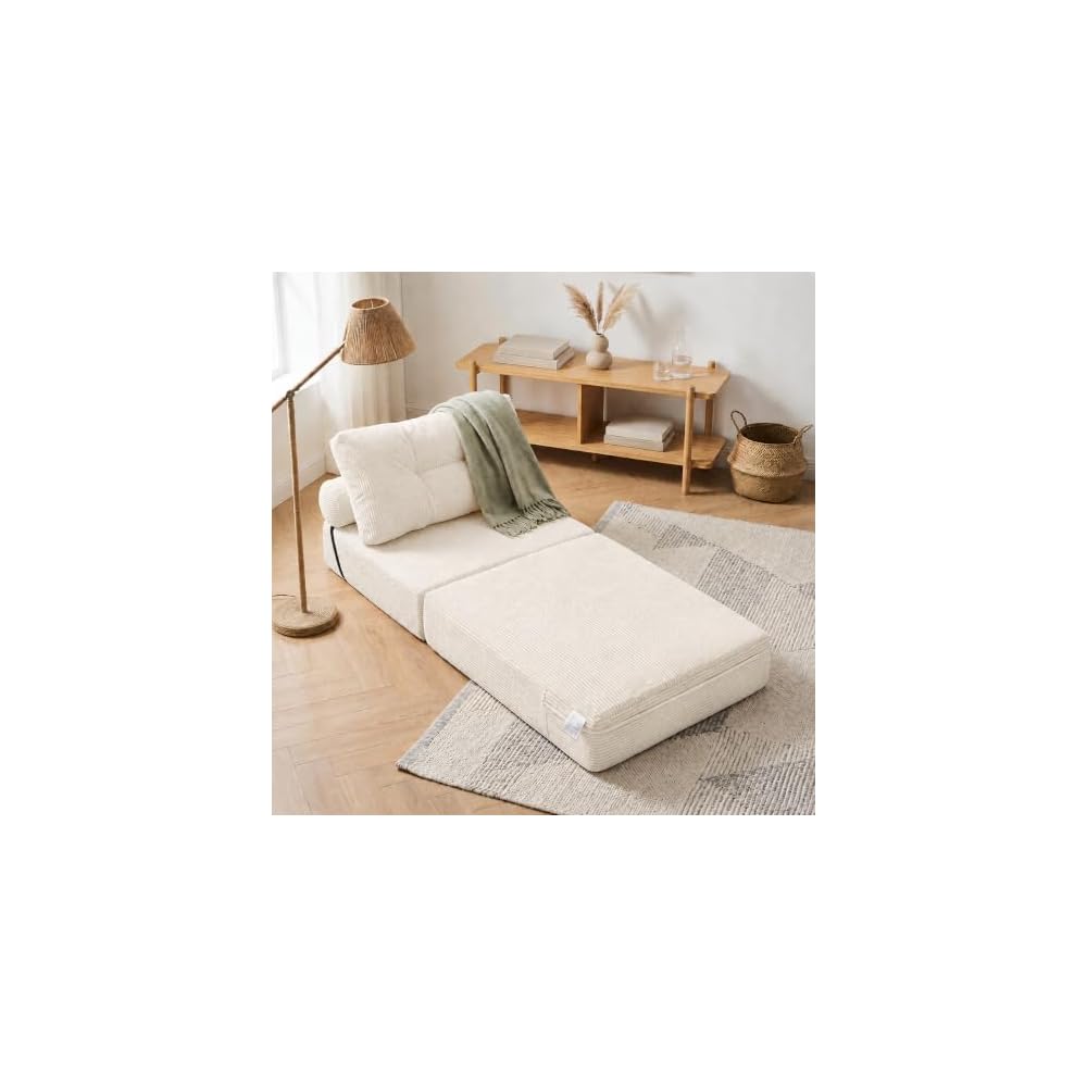 Floor Sofa Bed, Convertible 2-in-1 Corduroy Couch with High-Density Sponge, Foldable Stackable Seat for Living Room Bedroom Dorm Game Room, No Assembly Required (White)