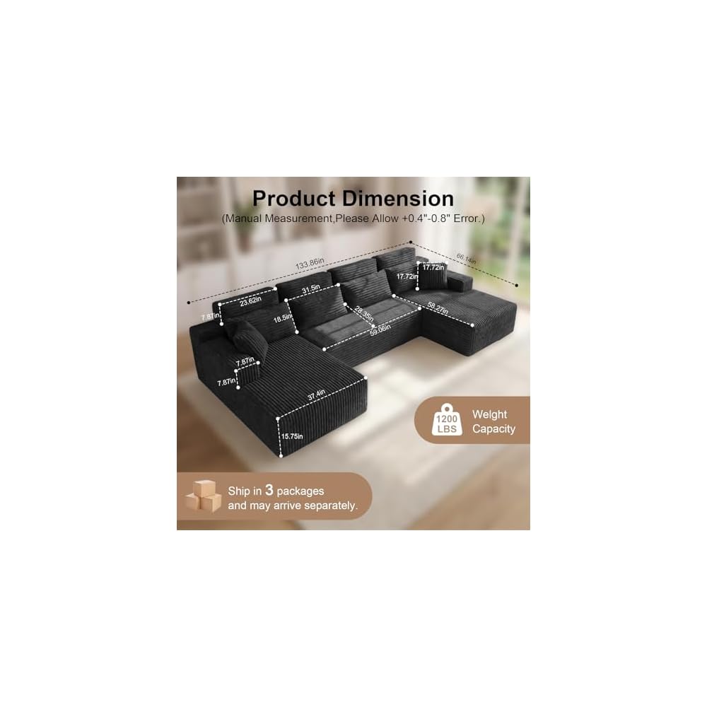 134'' U Shaped Modular Section Sofa with Chaise,Comfy Cloud Couch with Removable Headrest,6-Seater Oversized Boneless Sofa with Deep Seat for Living Room Bedroom,No Assembly Required,Black