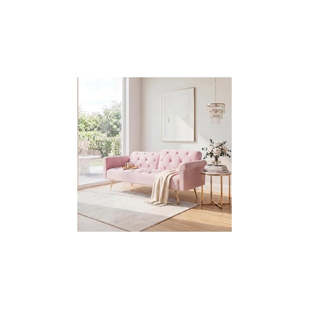 KEIKI 69.7" Convertible Sofa Bed with Two Throw Pillows, Upholstered 2 Seater Velvet Couch Featuring Nail Head Trim Living Room Bedroom Office Apartment, Pink