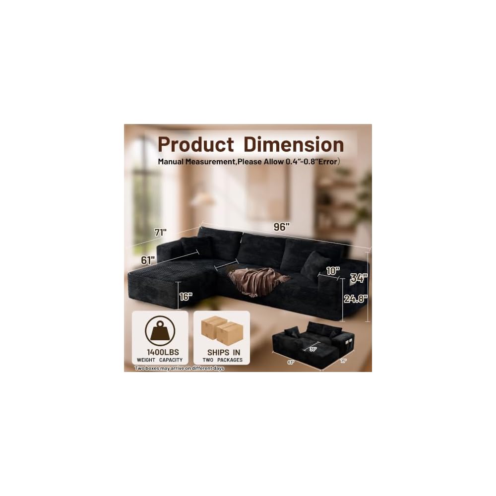Boneless Sectional for Living Room Black L-Shape Couch in Box Sofa Memory
