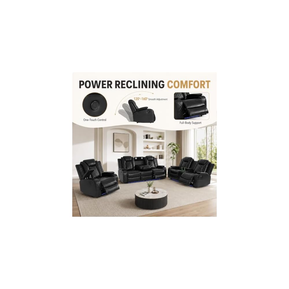 4 piece Power Recliner Sofa Set, Leather Living Room Furniture Set with USB Ports, LED Lights, Modern Ergonomic Sectional Couch, for Living Room, Home Theater (Loveseat+Sofa+2Chair, Black)