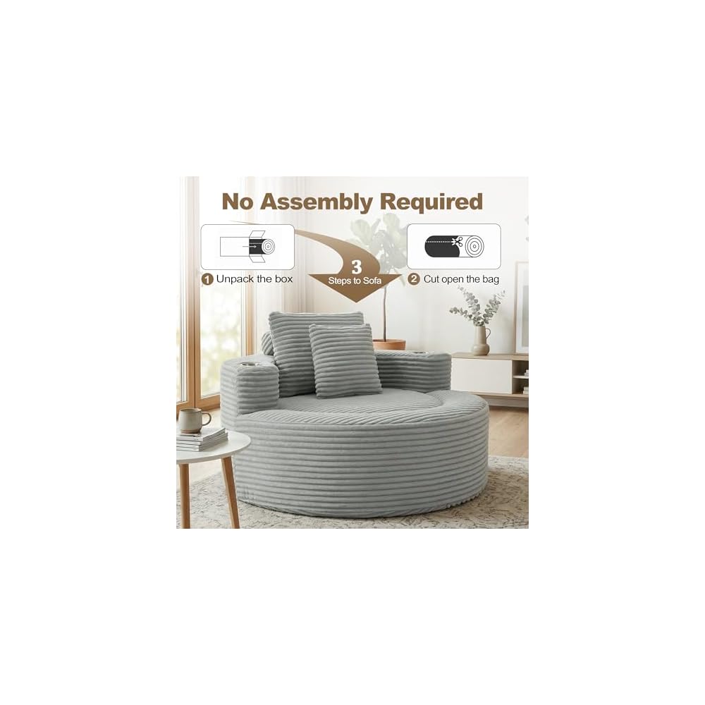 PELUMY Oversized Round Chaise Lounge Chair Indoor, Corduroy Memory Foam Deep Seat Sofa Chair with Cup Holders, Single Large Circle Cloud Sleeper Sofa for Reading, Living Room, Bedroom (Light Gray)