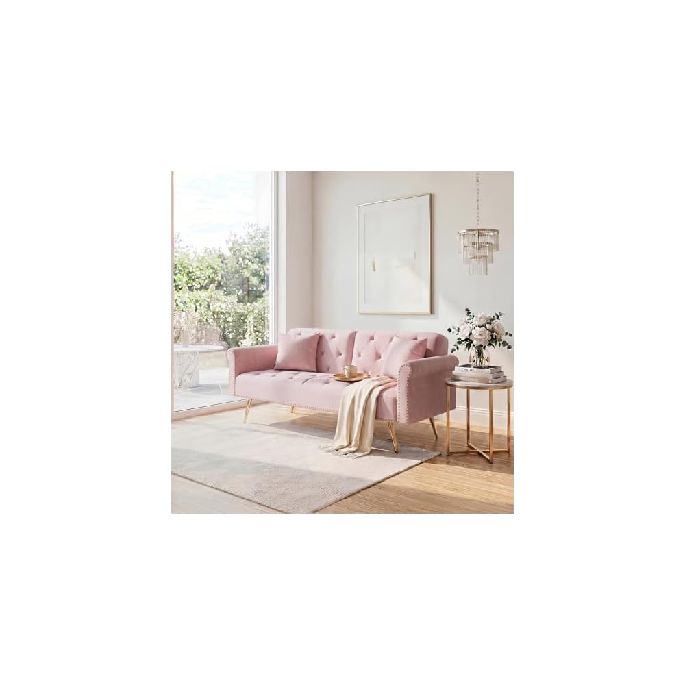 KEIKI 69.7" Convertible Sofa Bed with Two Throw Pillows, Upholstered 2 Seater Velvet Couch Featuring Nail Head Trim Living Room Bedroom Office Apartment, Pink