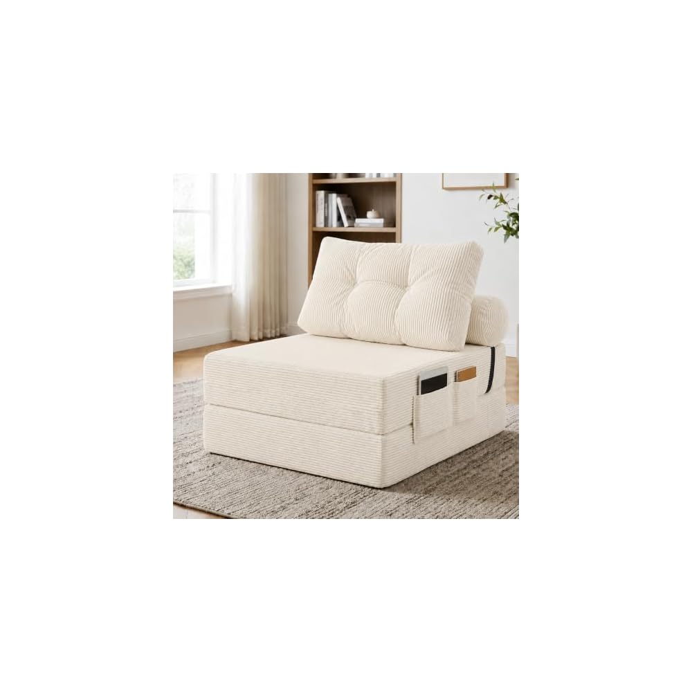 Floor Sofa Bed, Convertible 2-in-1 Corduroy Couch with High-Density Sponge, Foldable Stackable Seat for Living Room Bedroom Dorm Game Room, No Assembly Required (White)