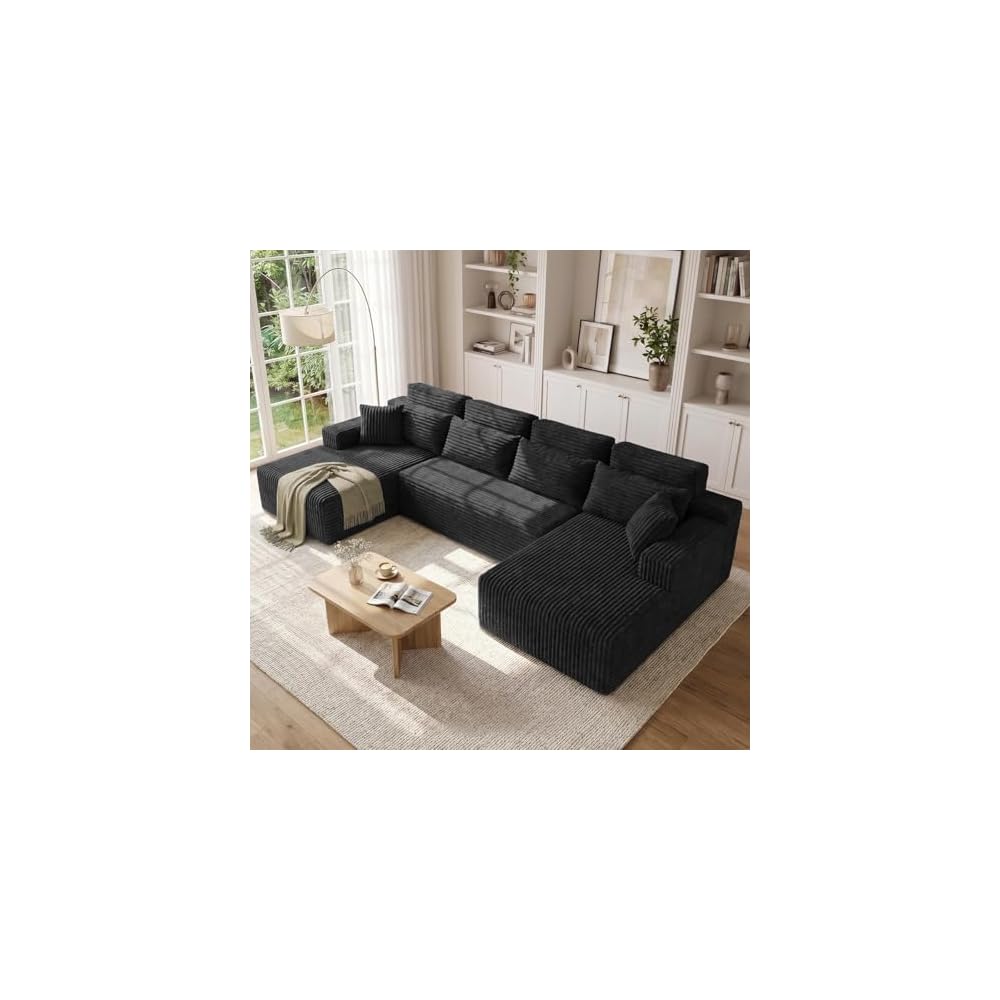 134'' U Shaped Modular Section Sofa with Chaise,Comfy Cloud Couch with Removable Headrest,6-Seater Oversized Boneless Sofa with Deep Seat for Living Room Bedroom,No Assembly Required,Black