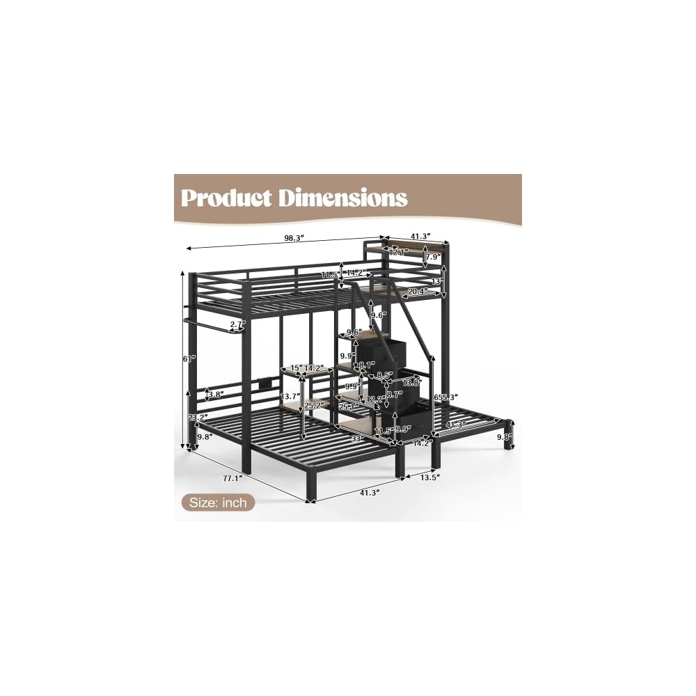Bellemave Twin Triple Bunk Bed for 3 with Storage Stair and Drawers, Black