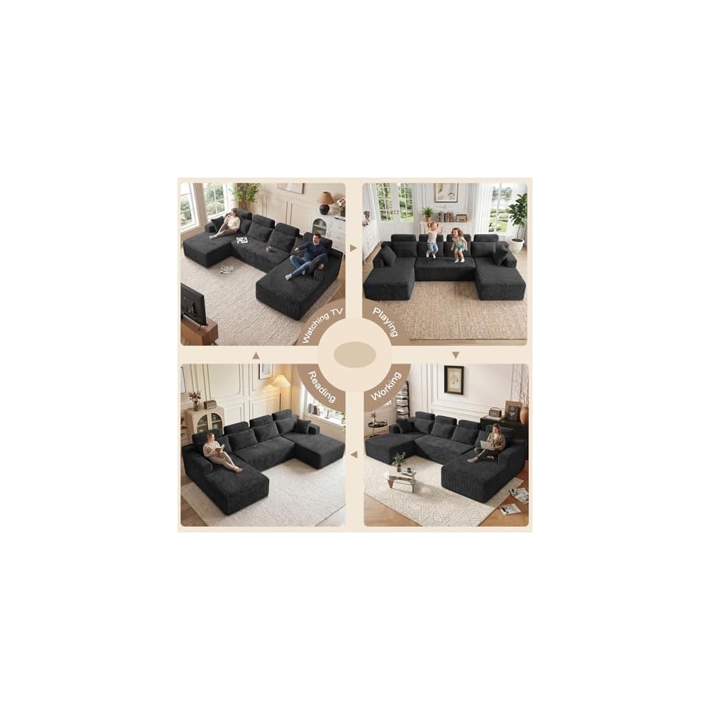 134'' U Shaped Modular Section Sofa with Chaise,Comfy Cloud Couch with Removable Headrest,6-Seater Oversized Boneless Sofa with Deep Seat for Living Room Bedroom,No Assembly Required,Black