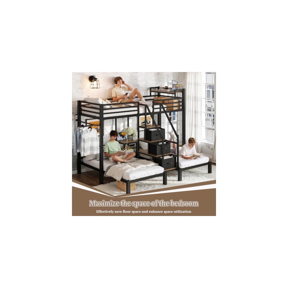 Bellemave Twin Triple Bunk Bed for 3 with Storage Stair and Drawers, Black