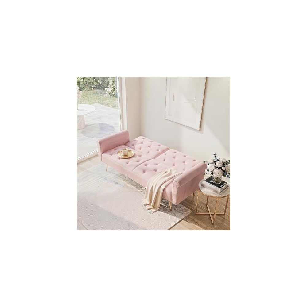 KEIKI 69.7" Convertible Sofa Bed with Two Throw Pillows, Upholstered 2 Seater Velvet Couch Featuring Nail Head Trim Living Room Bedroom Office Apartment, Pink