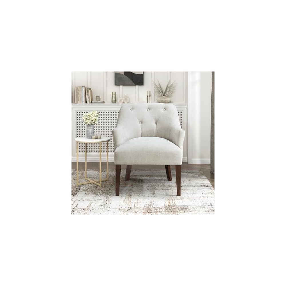Lexicon Modern Accent Chair, Textured Fabric Upholstered Arm Chair with Button Tufted Back, Sloped Flared Arms and Wooden Legs for Living Room/Bedroom, Oyster