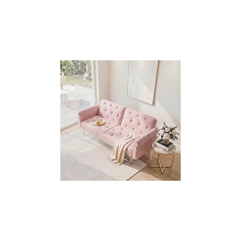 KEIKI 69.7" Convertible Sofa Bed with Two Throw Pillows, Upholstered 2 Seater Velvet Couch Featuring Nail Head Trim Living Room Bedroom Office Apartment, Pink