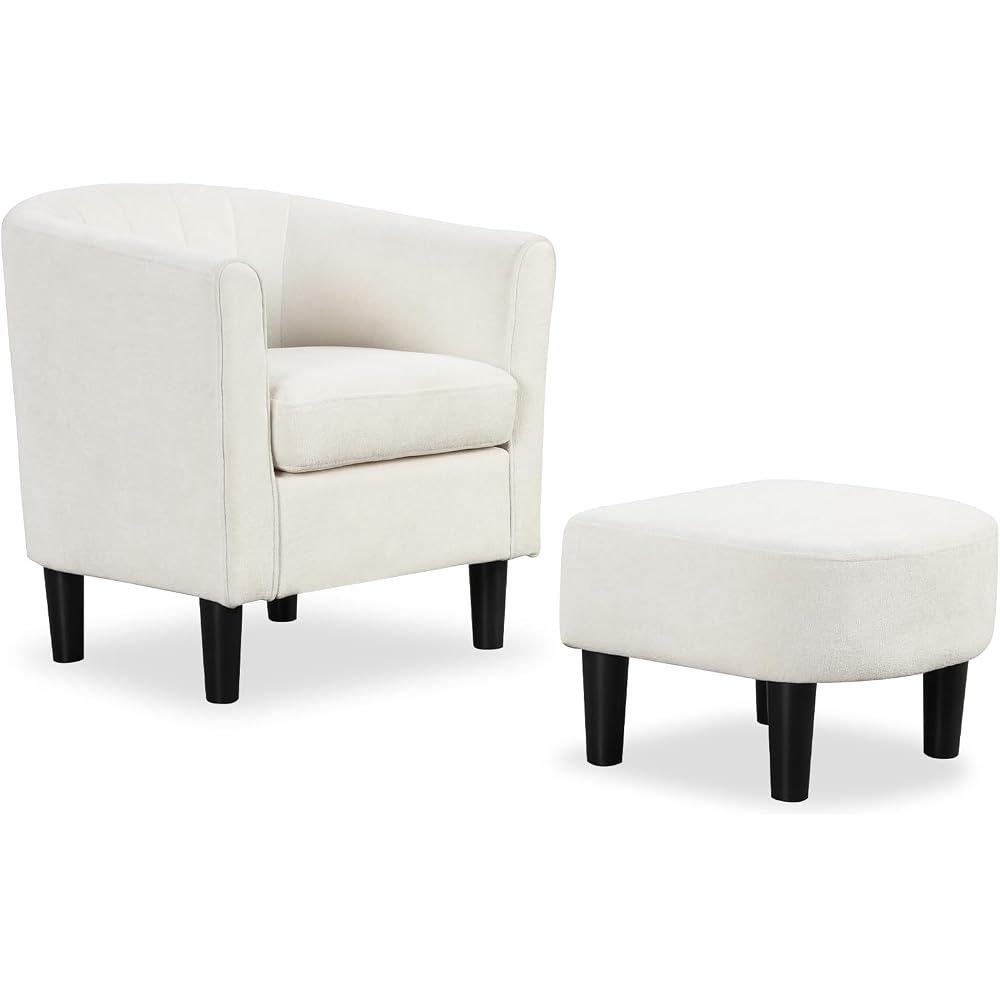 KOMFOTT Accent Chair with Ottoman, Upholstered Teddy Velvet Barrel Chair with Footrest, Comfy Club Sofa with Curved Backrest, Thick Seat Cushion, Modern Arm Chair for Living Room, Bedroom, Beige