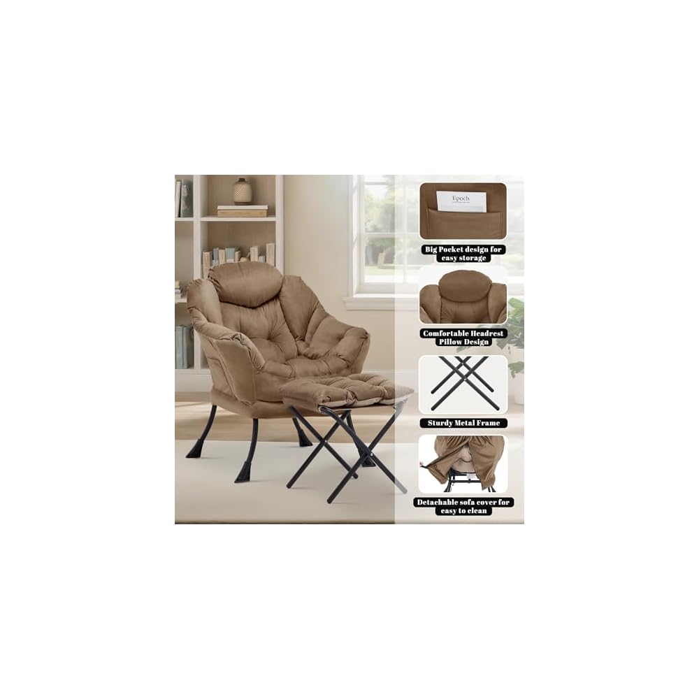 Lazy Chair with Ottoman, Comfy Reading Chair, Brown