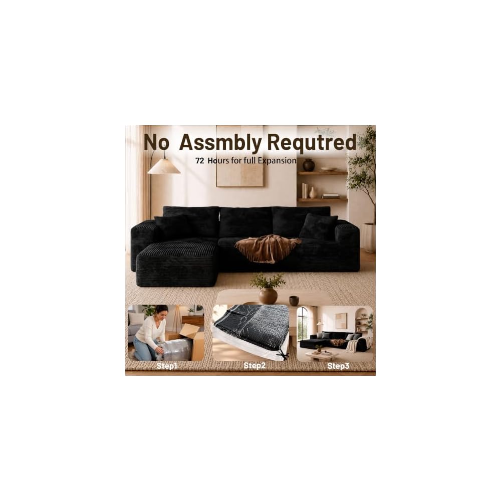 Boneless Sectional for Living Room Black L-Shape Couch in Box Sofa Memory