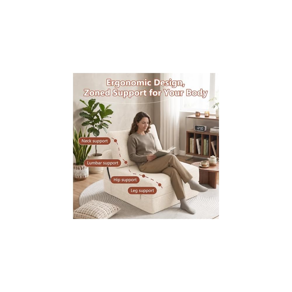 Floor Sofa Bed, Convertible 2-in-1 Corduroy Couch with High-Density Sponge, Foldable Stackable Seat for Living Room Bedroom Dorm Game Room, No Assembly Required (White)