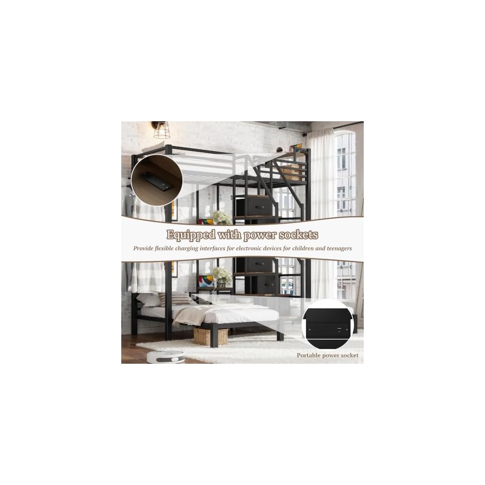 Bellemave Twin Triple Bunk Bed for 3 with Storage Stair and Drawers, Black