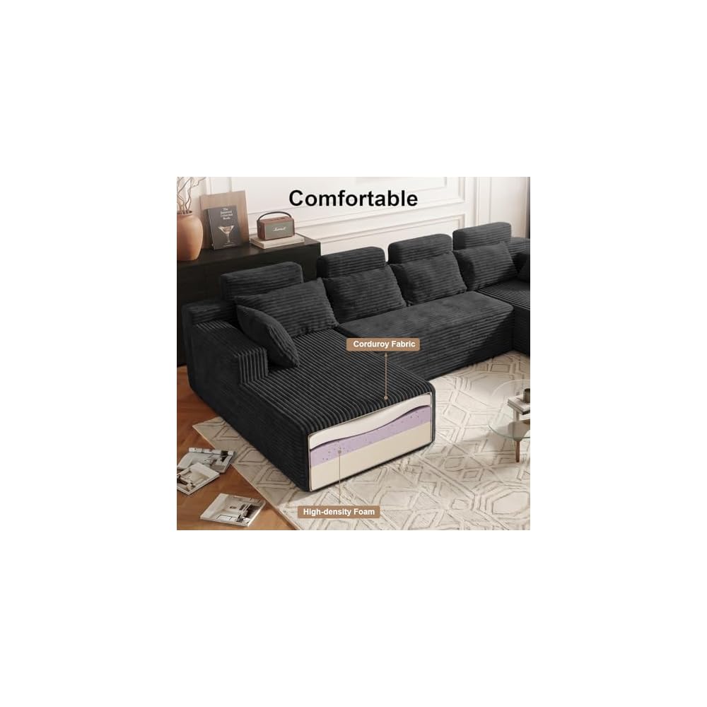 134'' U Shaped Modular Section Sofa with Chaise,Comfy Cloud Couch with Removable Headrest,6-Seater Oversized Boneless Sofa with Deep Seat for Living Room Bedroom,No Assembly Required,Black