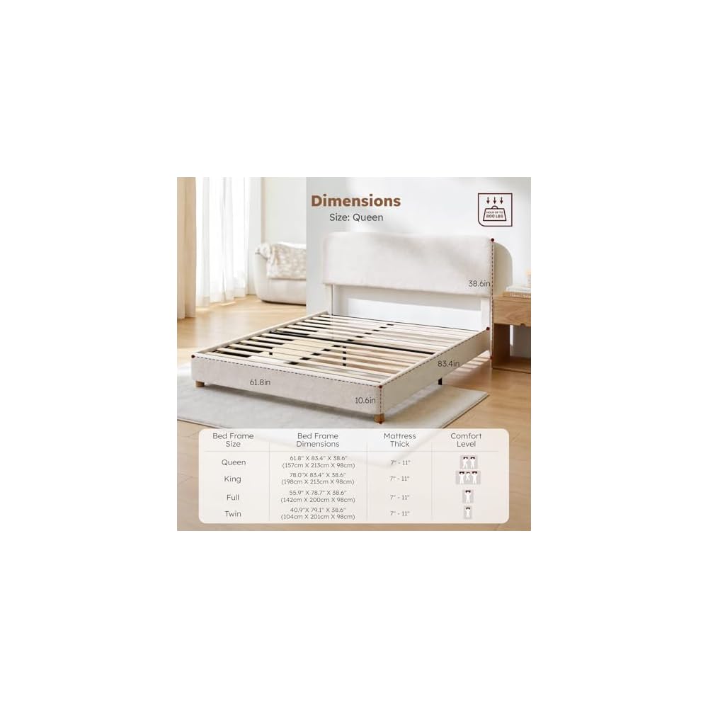 Queen Cloud Bed Frame, Wood Boucle Upholstered Platform Bed, Cream White