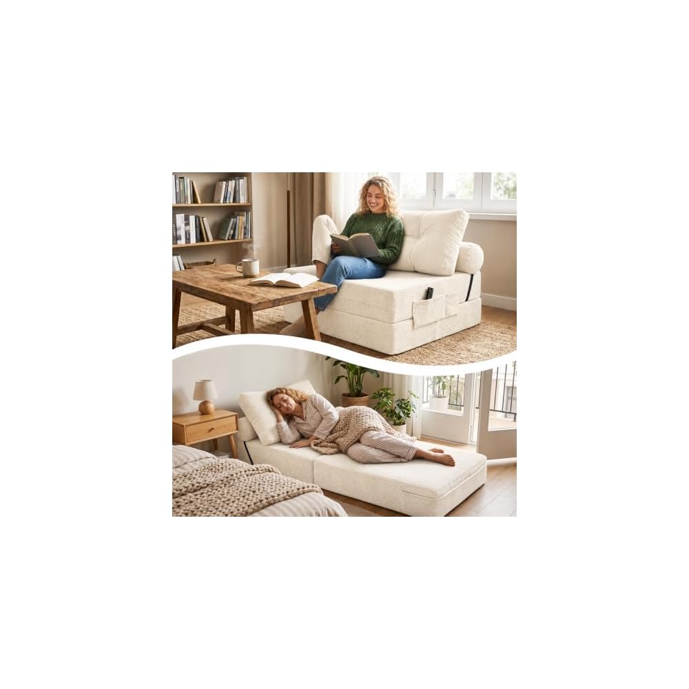 Floor Sofa Bed, Convertible 2-in-1 Corduroy Couch with High-Density Sponge, Foldable Stackable Seat for Living Room Bedroom Dorm Game Room, No Assembly Required (White)