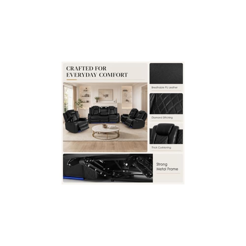 4 piece Power Recliner Sofa Set, Leather Living Room Furniture Set with USB Ports, LED Lights, Modern Ergonomic Sectional Couch, for Living Room, Home Theater (Loveseat+Sofa+2Chair, Black)